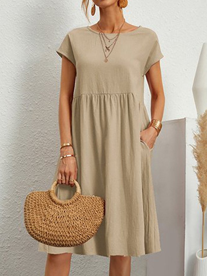 Round Neck Plain Short Sleeve Casual Midi Dress