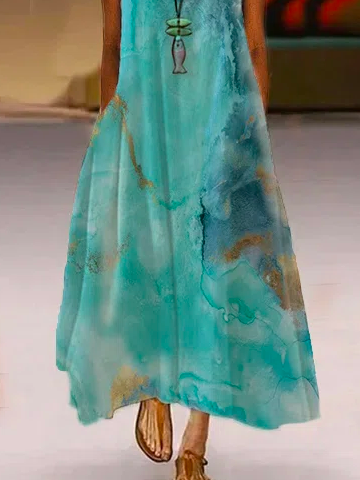 Women's Maxi Dress Sleeveless Abstract Printed Spring Summer Crew Neck Lightweight Dressy Dress