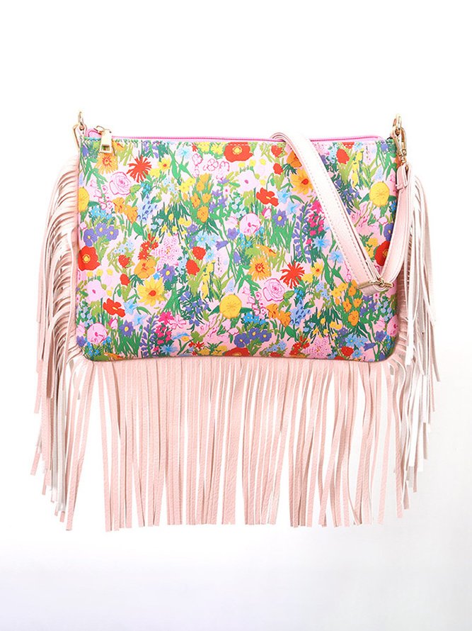 Retro Leather Tassel Flower Pattern Diagonal Shoulder Bag Western Ethnic Women's Bag