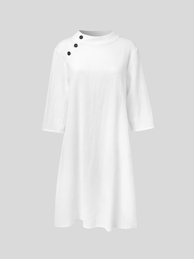 Women Plain Button Detail Casual Cotton And Linen Dress