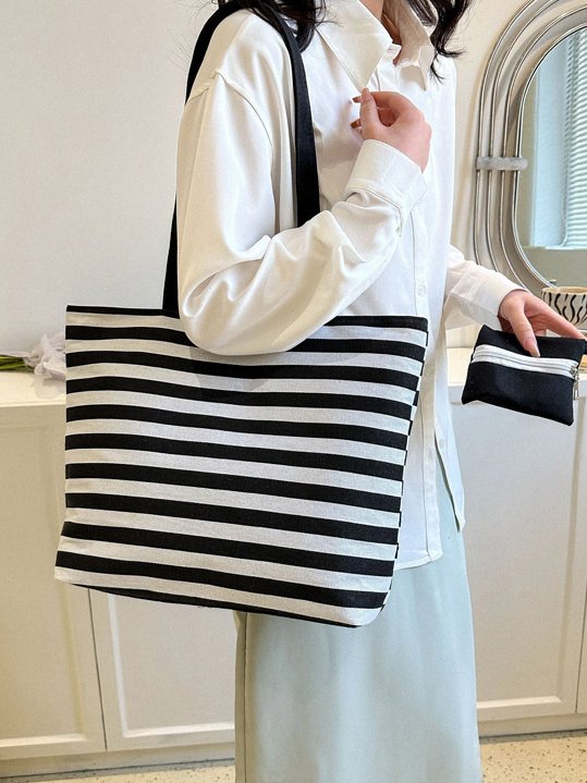 Contrast Color Stripe Tote Women's Shoulder Bag Coin Purse Large Capacity