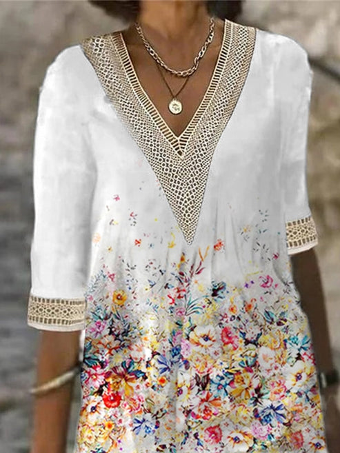 Lace Casual Loose V Neck Floral Dress