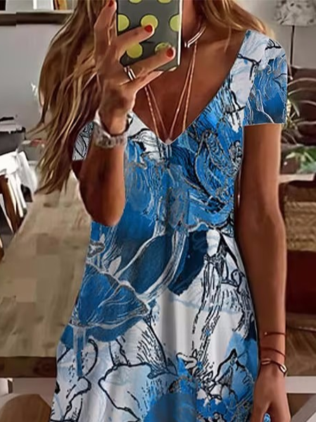 Floral Casual Loose V Neck Dress