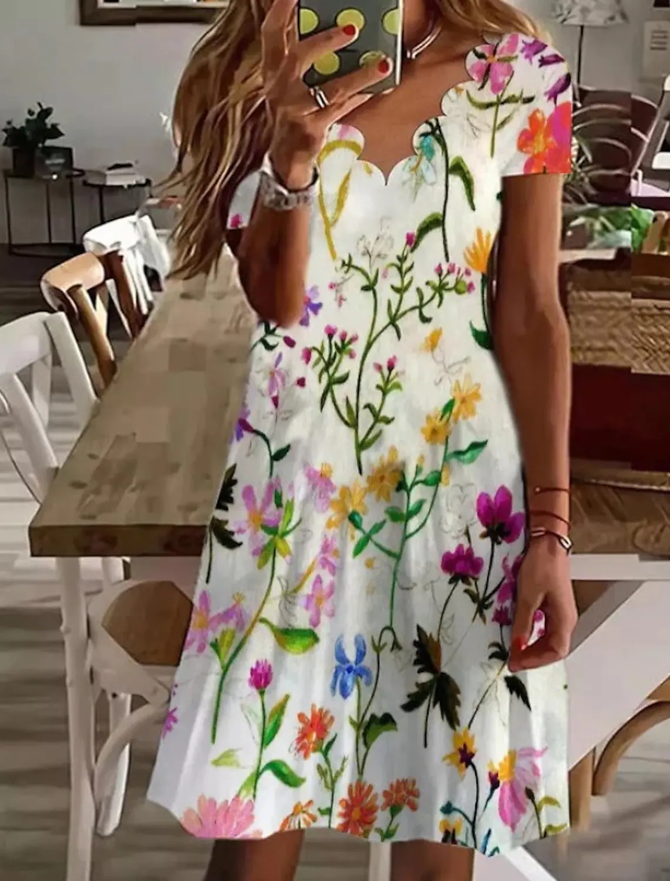 Scallop Neck Floral Vacation Mini Dresses
