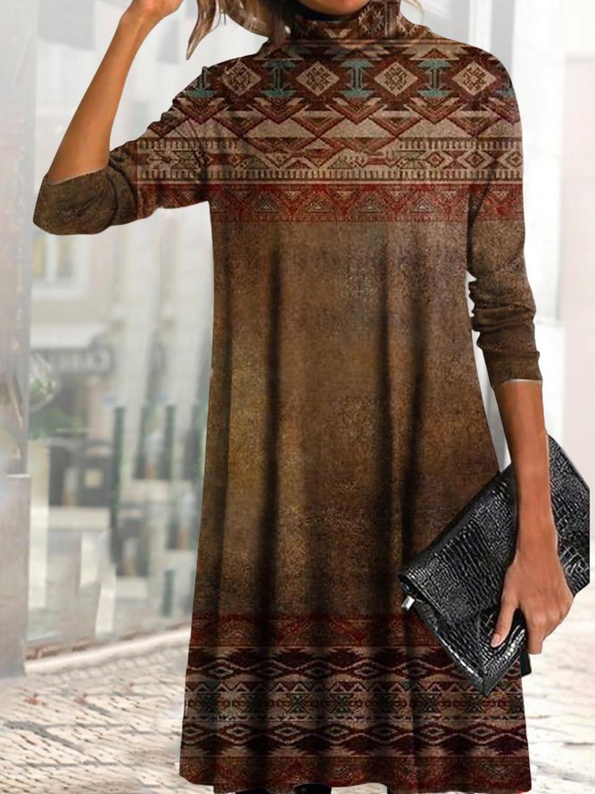 Folk Print Pile Collar Loose Long Sleeve Dress