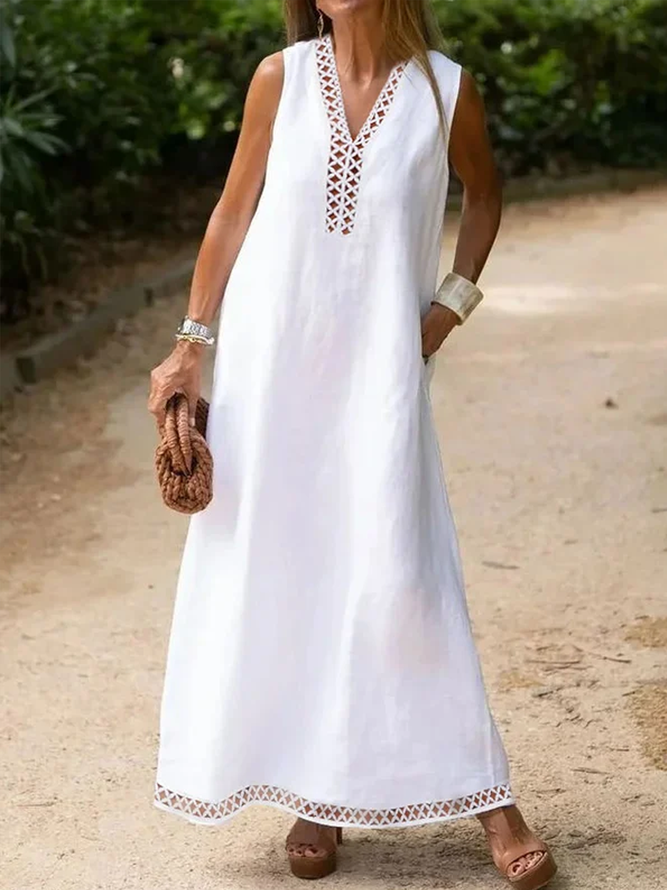 Women's Cotton Linen V Neck Lace Cutout Vacation Dress
