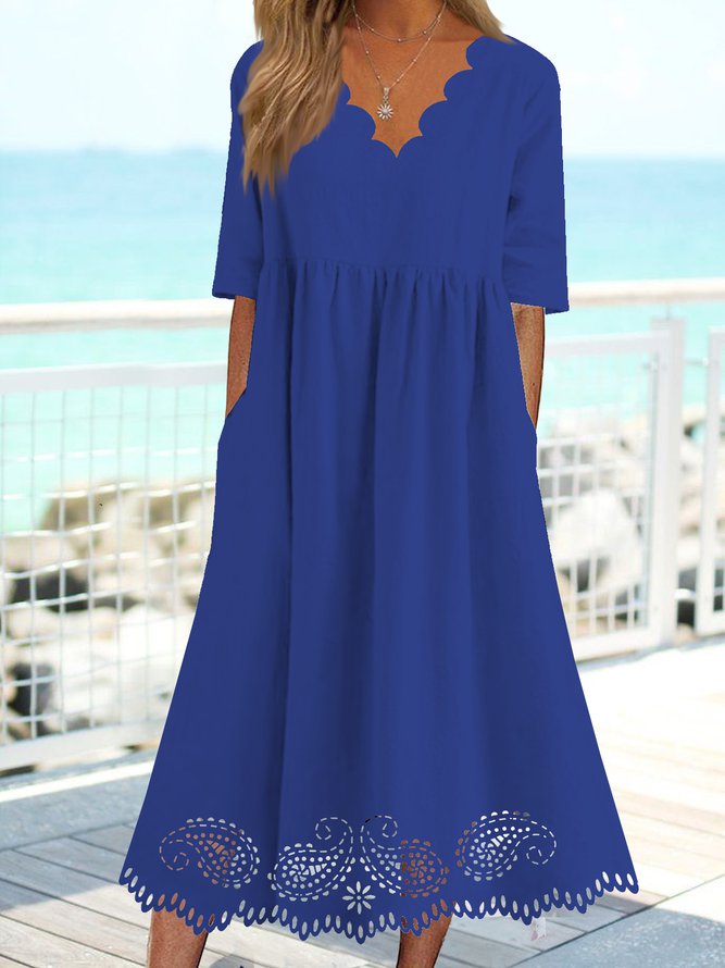 V Neck Solid Casual Midi Prom Dress
