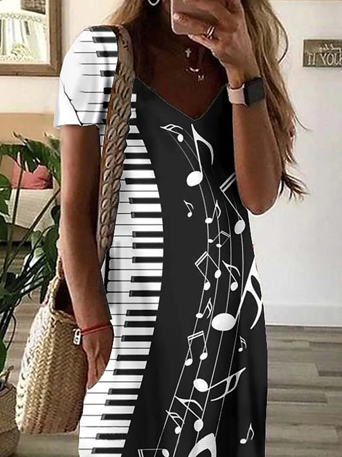 Jersey V Neck Casual Color Block Dress With No