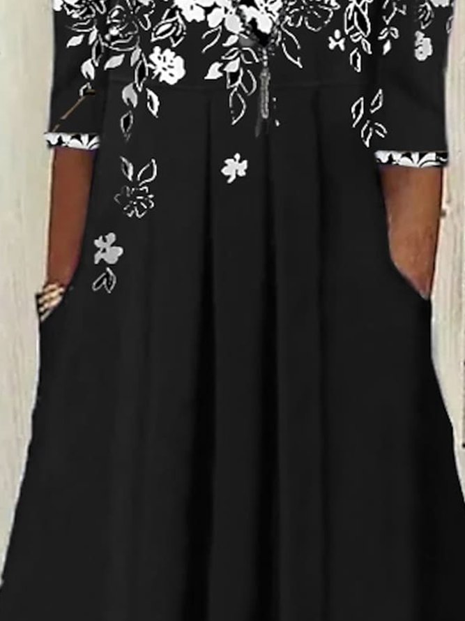 Elegant Henley Neck Loose Floral A-Line Half Sleeve Dress