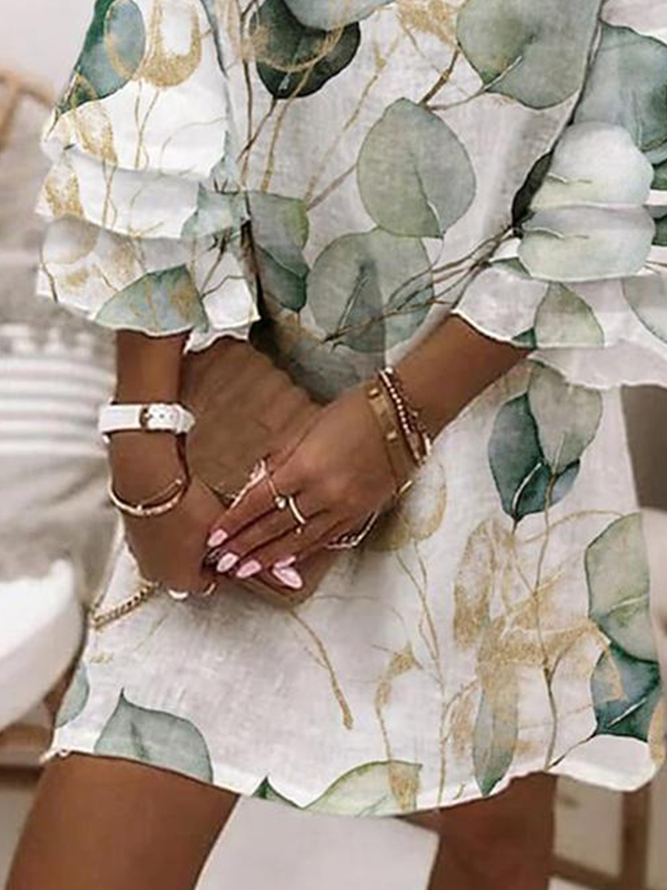 V Neck Ruffled Sleeves Casual Leaf Loose Dress