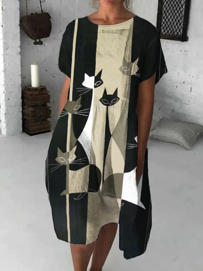 Crew Neck Cat Casual Loose Dress