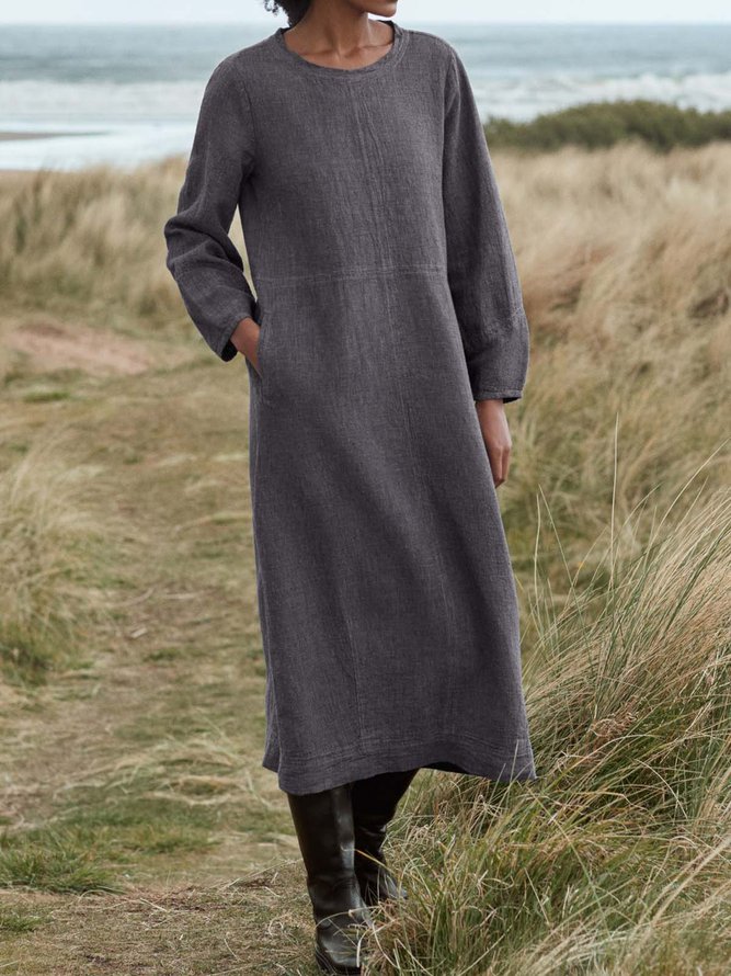 Pockets Raglan Sleeve Linen Weaving Dress