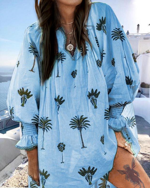 Women Casual Sundress Sexy V-neck Lantern Sleeve Floral Print Elegant Loose Bohemian Beach Dress