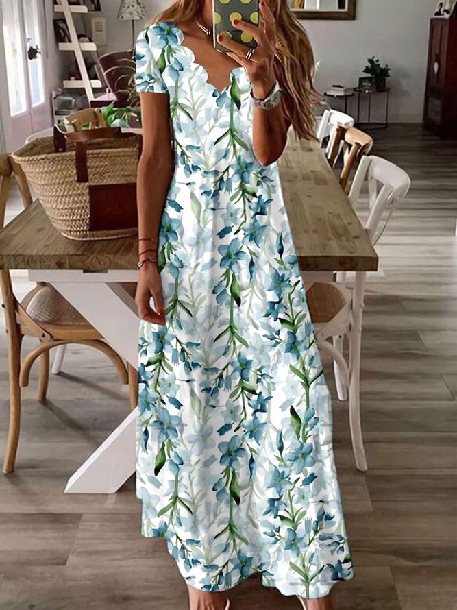 V Neck Floral Vacation Beach Maxi Prom Dress