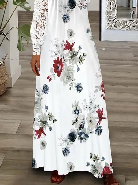 V Neck Floral Lace Sleeve Casual Loose Dress