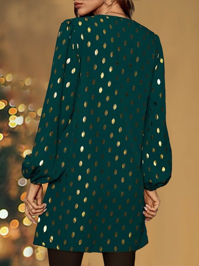Gold Dot Print Guipure Lace Panel Lantern Sleeve Dress