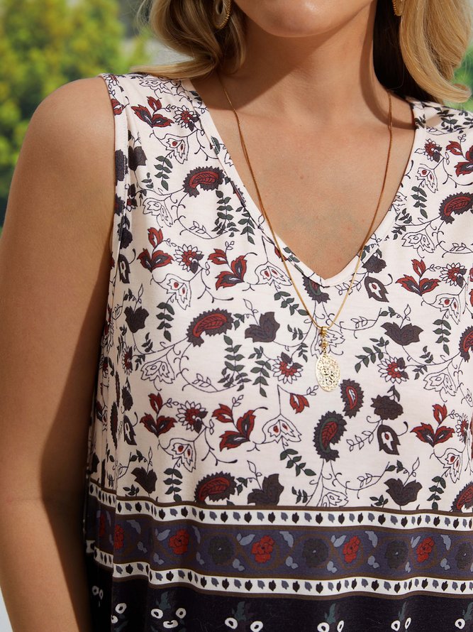 Women's A Line Dress V Neck Tribal Sleeveless Midi Dress