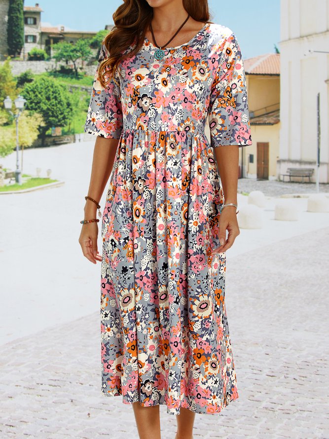 Loosen Casual Floral Short Sleeve Woven Dress