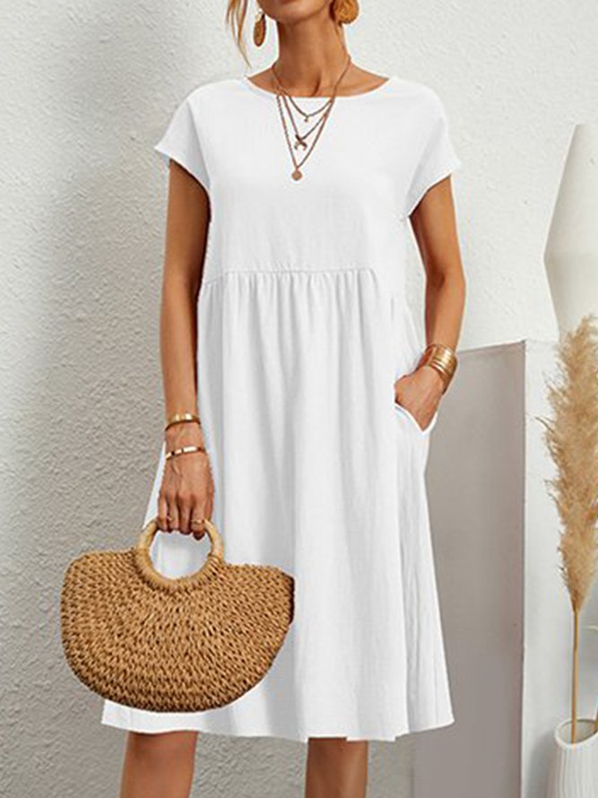 Round Neck Plain Short Sleeve Casual Midi Dress