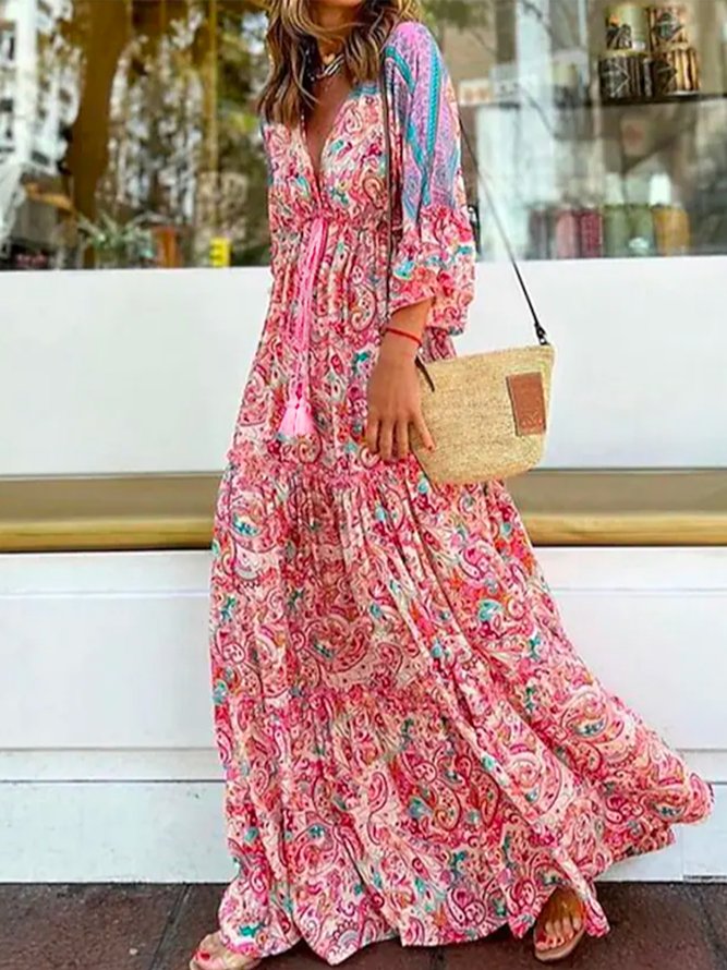 Loose V Neck Floral Boho Dress