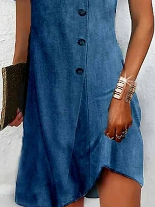 Asymmetrical Neck Buttoned Casual Plain Dress