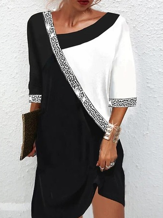 Asymmetrical Neck Color Block Autumn Urban Daily Half sleeve Occasion Dress