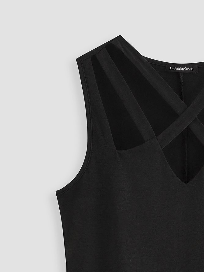 V Neck Sleeveless Solid Casual Midi Prom Dress