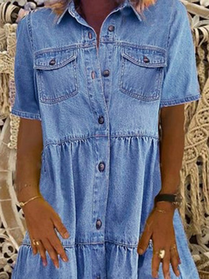 Sky Blue Denim Daily Casual Shirt Collar Short Sleeve Buttoned Pockets A-line Weaving Dress