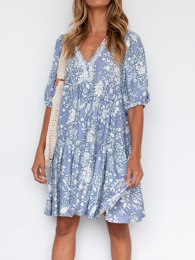 Boho Cotton-Blend Floral Short Sleeve Weaving Smock Dress