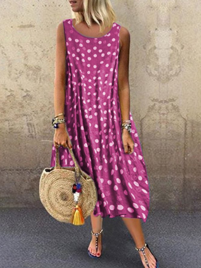 Round Neck Women Summer Weaving Dress Printed Polka Dots Midi Weaving Dress