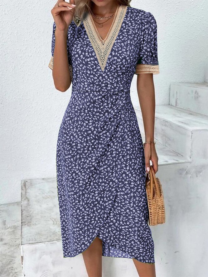 Ditsy Floral Summer V Neck Lace Casual Dress