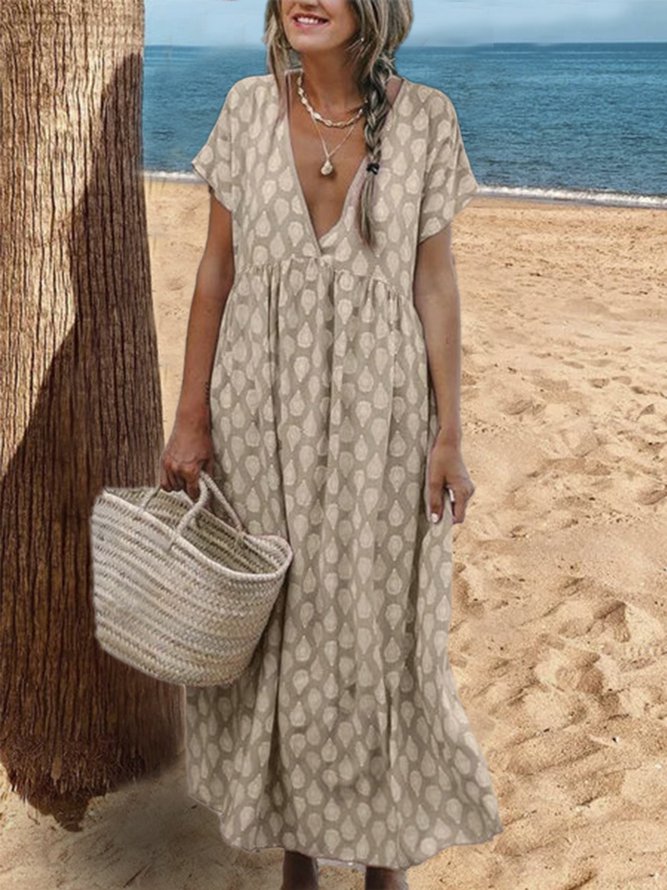 Printed V Neck Shift Casual Floral Maxi Weaving Dress