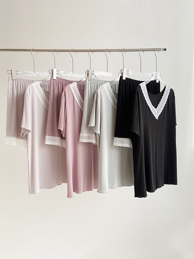 V Neck Lace Casual Homewear Set