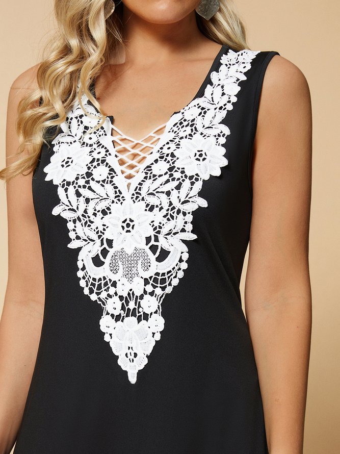 Elegant Contrast Lace Sleeveless Casual Dress