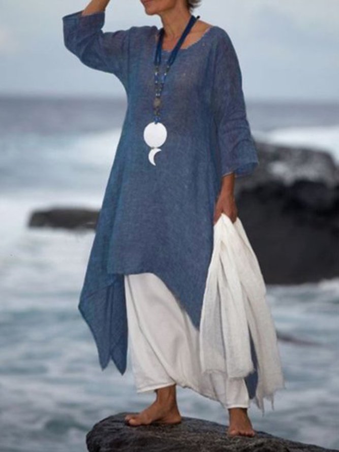 Women Summer Linen 3/4 Sleeve Daytime Crew Neck Asymmetric Dress