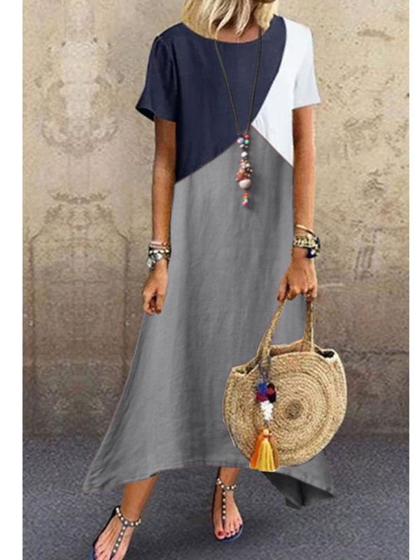 Crew Neck Brown Women Shift Beach Cotton-Blend Shift Color-block,Leather-paneled Weaving Dress