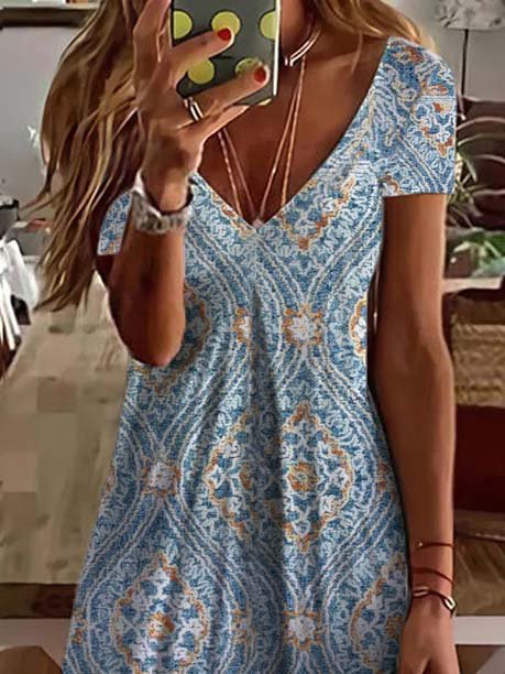 Tribal V Neck Short Sleeve Knit Dress