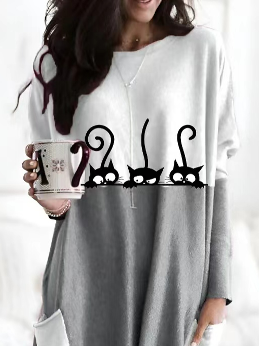 Cat Casual Batwing Sleeve Crew Neck Dress