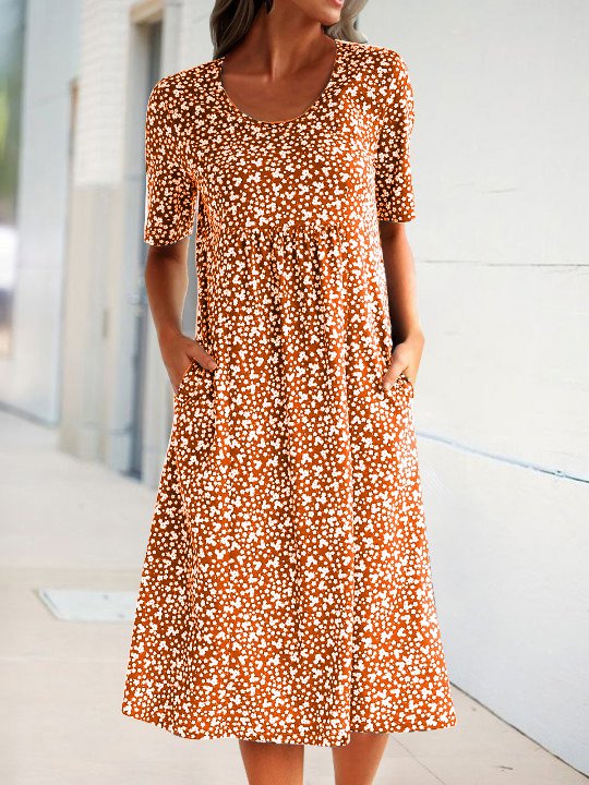 Ditsy Floral Round Neck Pocket Vacation Midi Dress
