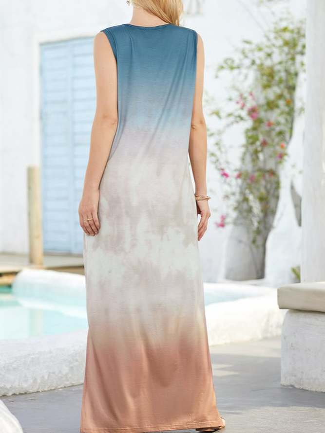 Purple V Neck Ombre/tie-Dye Shift Casual Dresses