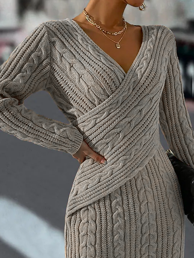 Casual V Neck Yarn/Wool Yarn Dress