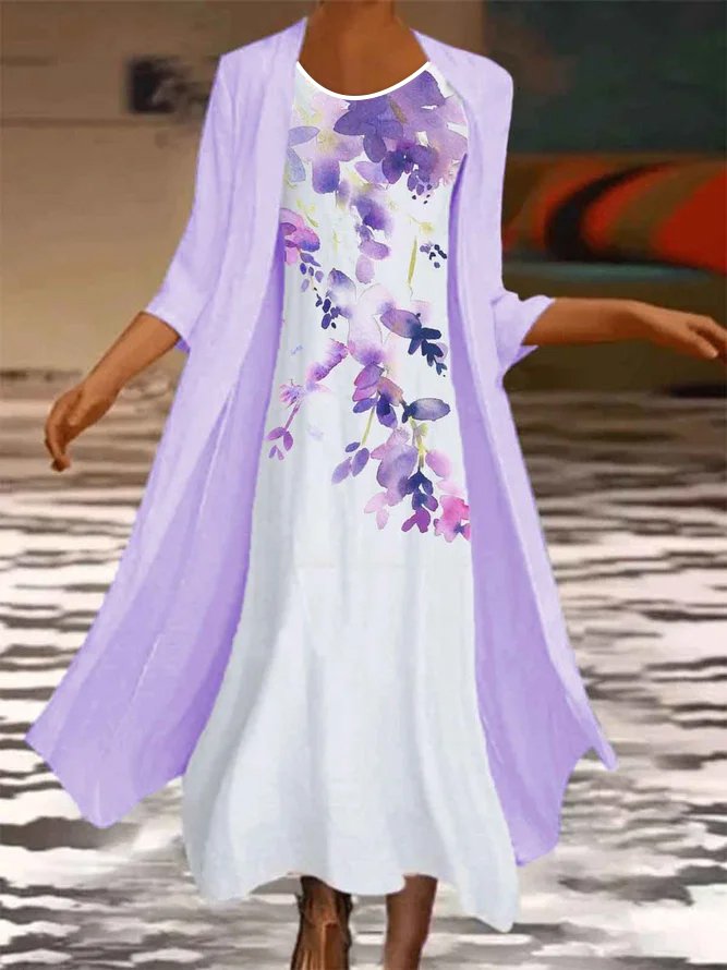 Round Neck Floral Casual Dress & Cardigan