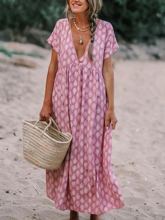 Printed V Neck Shift Casual Floral Maxi Weaving Dress