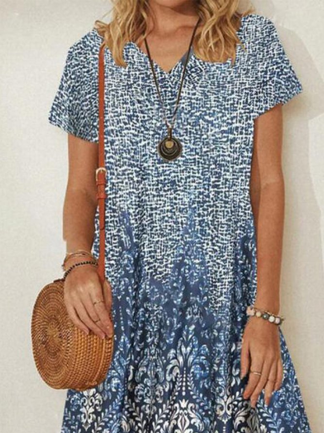 Loosen Tribal Vacation Short Sleeve Woven Dress