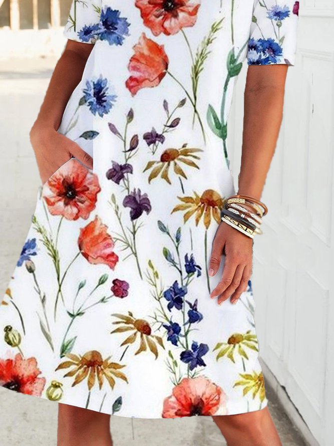 Tropical Floral Print Vacation Beach Midi Hawaiian Dress Regular Fit Round Neck Knee-length dress