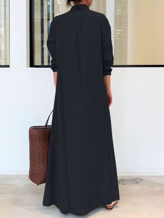 Casual and simple plain long-sleeved shirt collar cotton and linen maxi dress