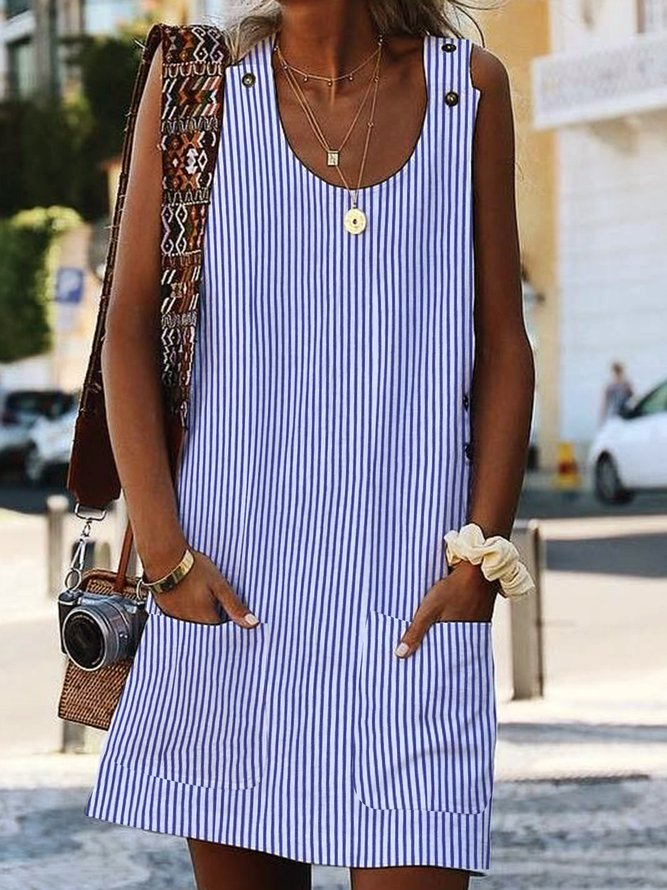 U Neck Pockets Striped Daily Sundress