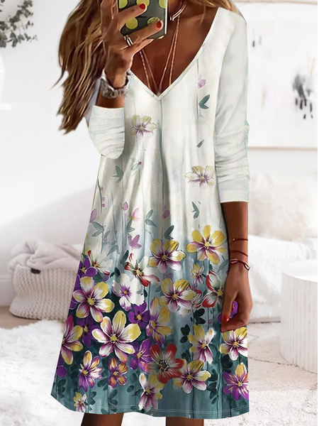 Floral V Neck Casual Loose Dress