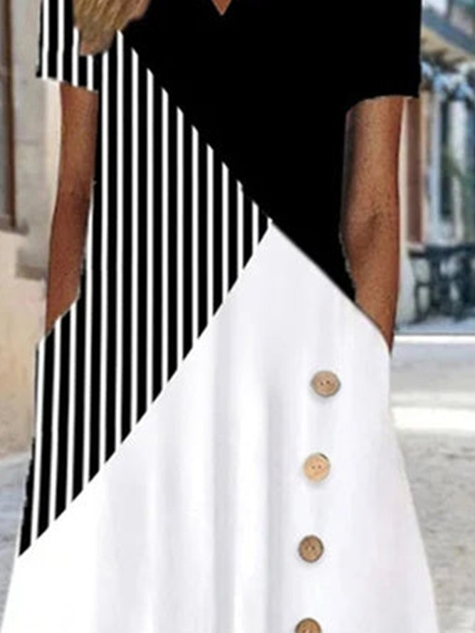 Women_s V-Neck Short Sleeve Graphic Striped Color Block Dress