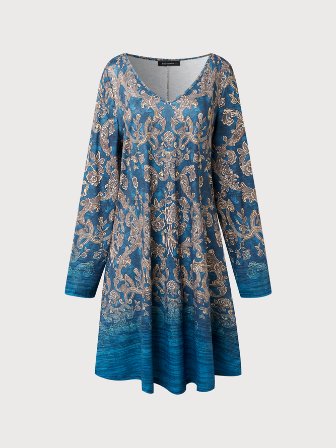 V Neck Casual Ombre Tribal Autumn Natural Loose Dress